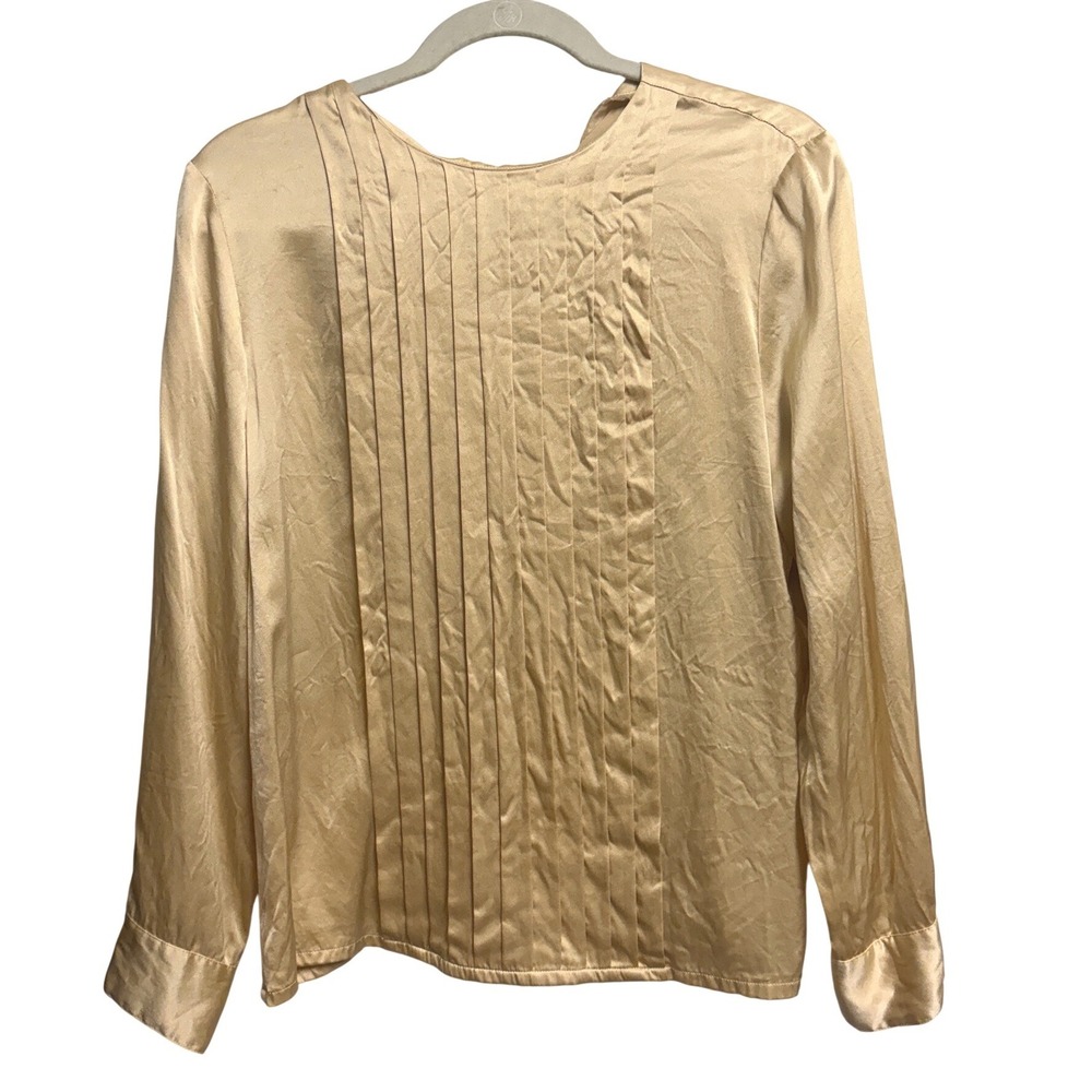 Jason Prescott Gold Silk‎ Pintuck Blouse Button Back Long Sleeve Top 12 Vintage